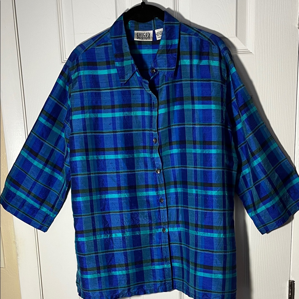 Chicos 100%silk button up shirt aqua blue 3/4 sleeves point collar LG